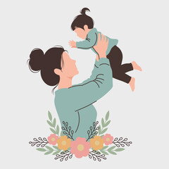 Joyful Mother and Child Bonding with Floral Decor Illustration