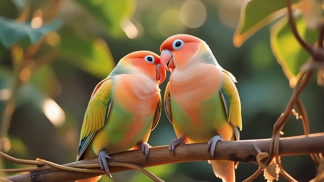 Two adorable lovebirds perched on a branch in soft sunlight, showcasing their vibrant plumage and affectionate bond