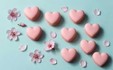 Obraz premium Pink heart macarons with cherry blossoms on a soft blue background.