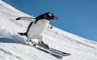 Fototapeta premium Adorable penguin skiing down snowy slope with joyful expression under