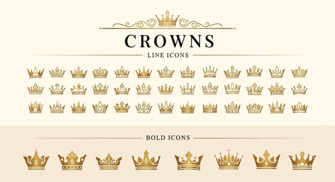 Vector illustration of Gold Crowns in Richly Colorful Detailed Style on Cream Background