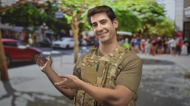 Man soldier wearing camouflage vest and dogtags presenting with open hands and smiling on a busy urban street lined with cars, trees and storefronts; pride duty.