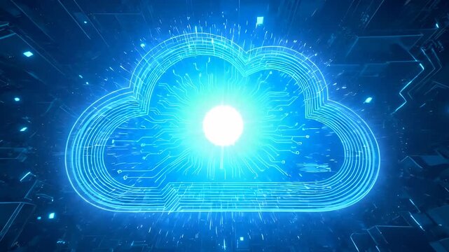 Digital blue cloud icon animated with moving circuit board patterns and glowing light. Concept of big data, cloud storage, server computing and futuristic internet network