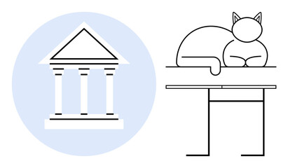 Obraz premium Architecture, leisure, cultural heritage, minimalism, interior decor, relaxation. A classical columned building and a cat lying on a table. Architecture and leisure ion