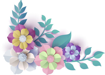 Obraz premium Paper cut floral corner decoration with flowers and leaves isolated on white background, decorative spring flower border design for wedding invitation greeting card feminine branding and creative temp