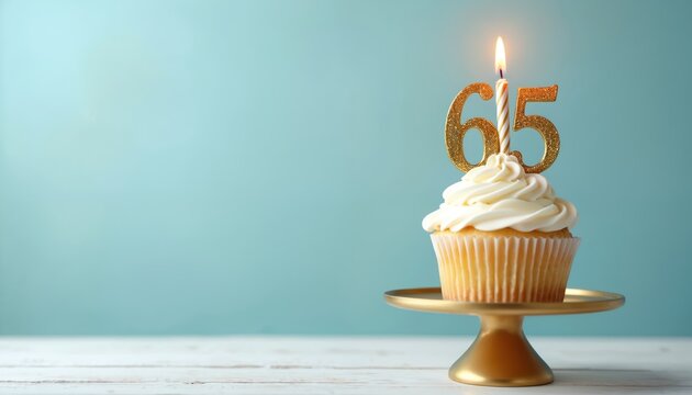 Single cupcake topped with white frosting features golden 65 numbers and lit candle. Served on gold cake stand against pastel blue background. Simple dessert for special milestone.