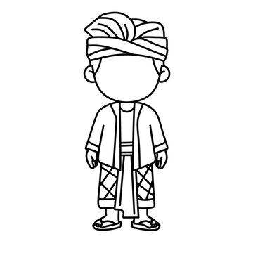 Line art illustration of a man in traditional Indonesian Balinese clothing. Minimalist black and white vector of a person with Udeng headpiece