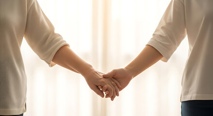 Close up of two people holding hands in soft natural light