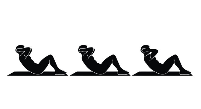 Vector illustration monochrome minimal crunches exercise sequence with black silhouette figures on white background