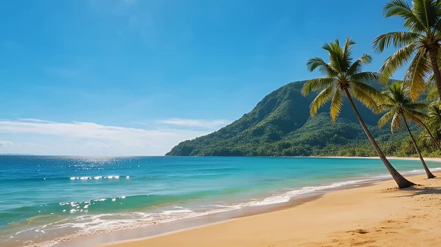 tropical beach palm trees turquoise water golden sand mountain backdrop