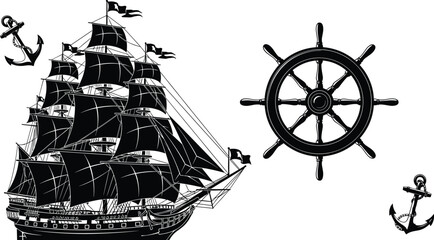 Vintage sailing ship with anchors and ship wheel silhouettes, classic nautical maritime elements set, old sea voyage navigation symbols isolated vector illustration for design © Mst