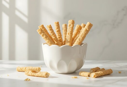 Crispy golden wafer rolls in a decorative white bowl, morning sunlight casting soft shadows. canudo