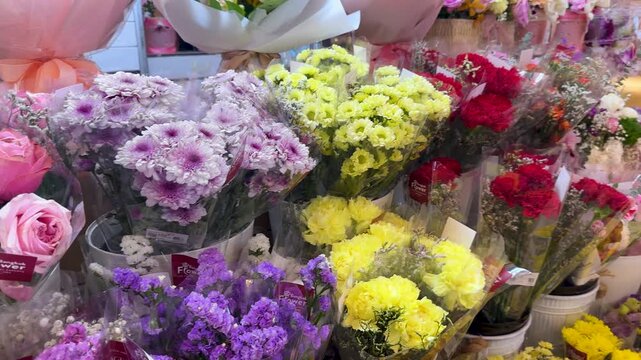 Colorful Fresh Flower Bouquets at a Bangkok Market in Thailand