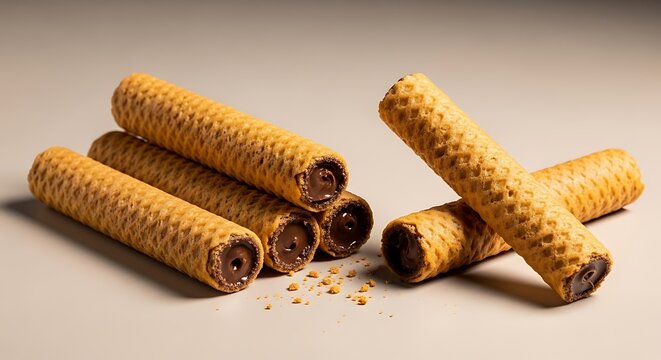 Crispy Wafer Rolls Filled with Chocolate Cream on Neutral Background. canudo