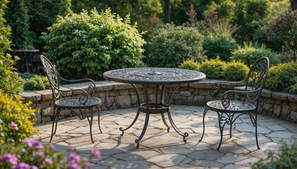 Fototapeta premium Relaxing outdoor dining set garden photography natural light close-up tranquility