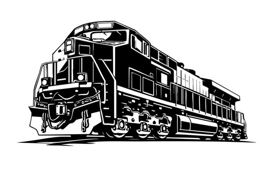 Low-angle perspective of a freight locomotive emphasizing massive engine body