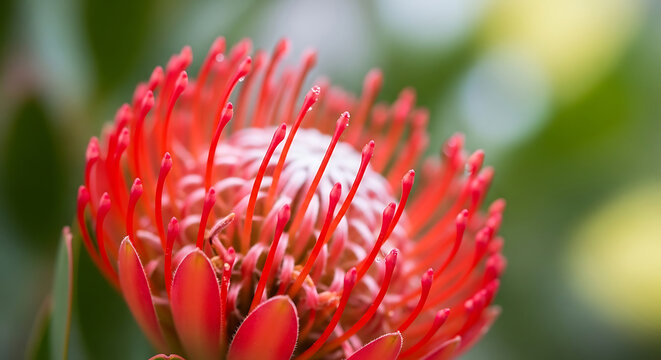 Closeup of a Vibrant Red Pincushion Protea Flower in Full Bloom Showing Exotic Floral Detail.