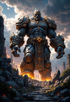 A mighty colossus standing tall against cloudy sky