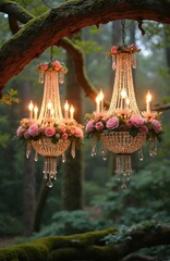 Fototapeta premium Two crystal chandeliers decorated with pink roses hang in a mossy forest. Lights glow on floral adornments creating a magical woodland ambience for events.