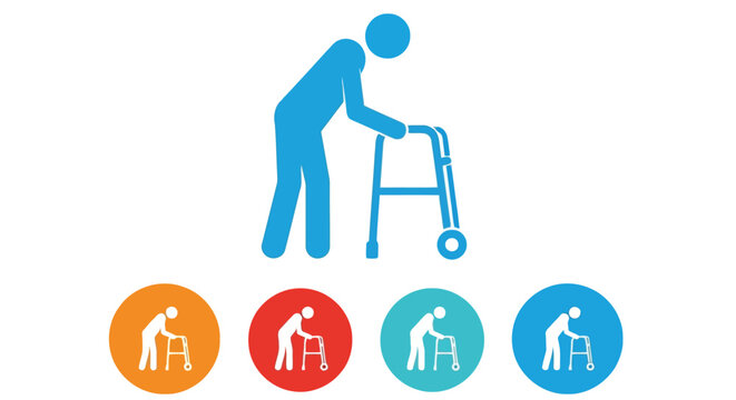 Vector illustration colorful of elderly person using walker with four circular icons below