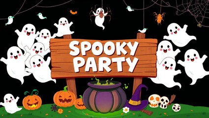 Fototapeta premium Cute cartoon ghosts celebrate a spooky halloween party around a wooden sign