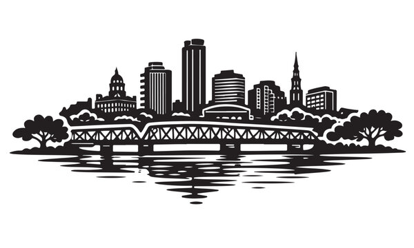 Evansville Skyline Silhouette with Scenery, Silhouette Vector, Isolated on White Background