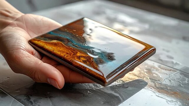 Hand cradles a glossy, abstract art tile with intricate layered color patterns