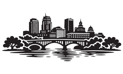Obraz premium Akron Skyline Silhouette with Scenery, Silhouette Vector, Isolated on White Background