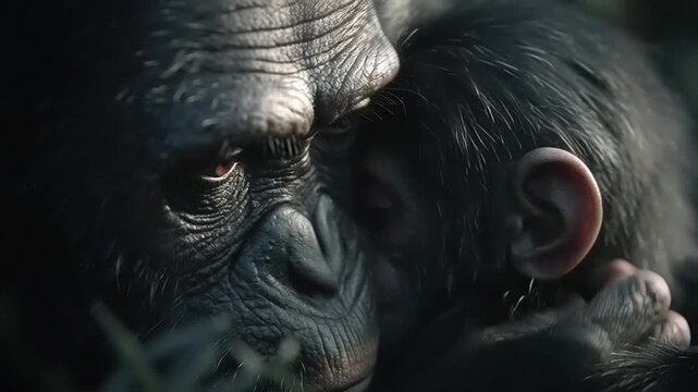 Cinematic close-up of a primate mother gently holding her baby