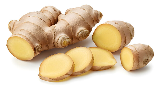 Fresh ginger root slices on white background
