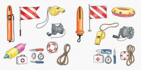 Set of essential rescue equipment for water safety and emergencies, including buoys, flags, whistles, and first aid kits. © studio