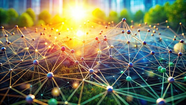 A photo of a complex digital web network representing artificial intelligence with colorful nodes and lines connecting them in an abstract pattern Th