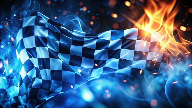 A photo of a vibrant abstract checkered flag graphic design with flowing blue flames dancing across its surface