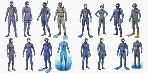Collection of various wetsuits and diving gear for men and women, including masks, snorkels, and fins, for water sports and underwater exploration. © studio