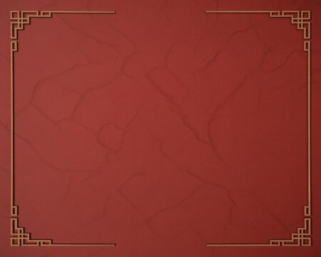 Red leather textured surface with gold geometric border  decorative square frame  luxury background