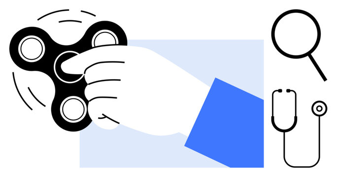 Hand holding and spinning a fidget spinner, magnifying glass, stethoscope. Ideal for focus, stress relief, health, therapy, research mindfulness attention management. Simple flat metaphor