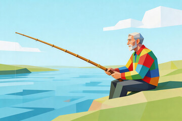 Naklejka premium Elderly Man Fishing by Lake in Low-Poly Art