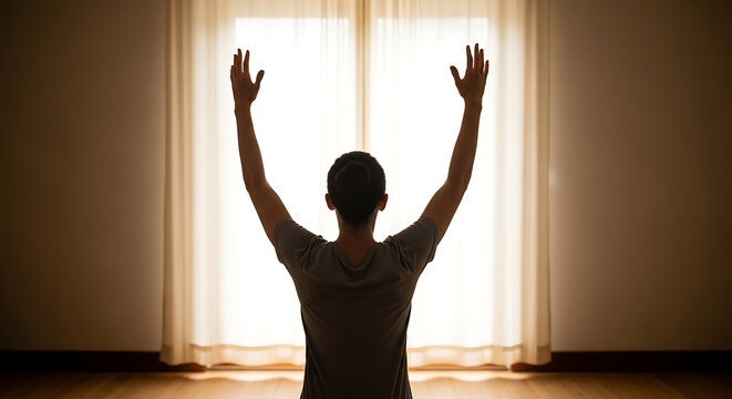 Rear view of person with uplifted arms bathed in window sunlight, emphasizing skin texture, somatic mindfulness, healing sensory awareness, and spiritual wellness in quiet liberation.