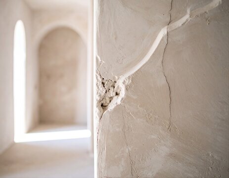 Wabi-Sabi Interior with Aged Limewash Plaster Wall in Foreground and Arched Hallway with Natural Light in Background
