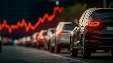 Fototapeta premium Traffic Jam Overlay: A traffic jam, with the blurred outline of a stock market chart overlaid in the background, metaphorically representing economic struggle and transportation crisis.