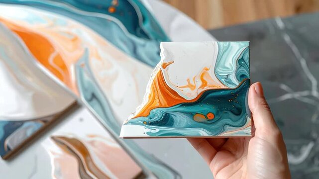 A hand holds a colorful, abstract art tile with a wavy design