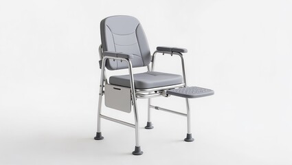 Fototapeta premium Medical commode chair isolated on white background. Adjustable toilet chair designed for elderly and disabled people, featuring armrests, removable bucket and stable non-slip legs for home care and he