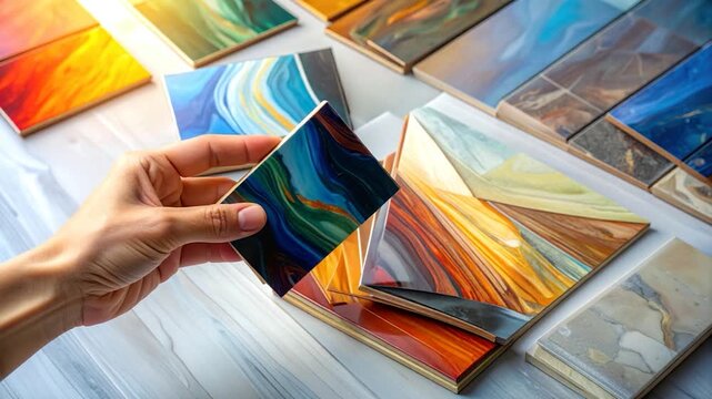 Hand holds a sample of colorful, abstract art tiles, with additional samples