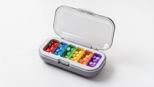 Weekly pill organizer with colorful medication isolated on white background. Plastic pill box with compartments for daily dosage, ideal for healthcare, elderly care and medication management.