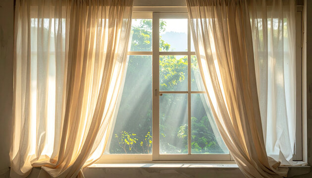 Warm sunbeams filter through sheer curtains, illuminating a peaceful window overlooking a lush green garden