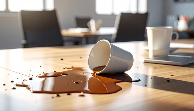 Accidental coffee spill on a wooden office desk, showing an overturned paper cup and a spreading dark liquid mess, a common workplace mishap and unexpected disruption