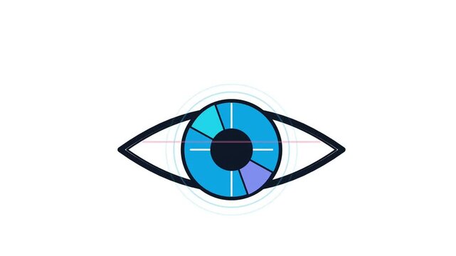 Animated eye icon with blue iris and target pupil, representing vision, focus, and data analysis
