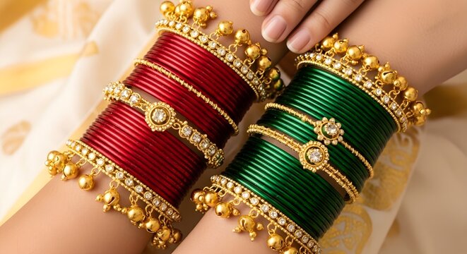 Close-up view of a woman's hands adorned with exquisite red and green traditional indian bangles featuring intricate gold and diamond-like embellishments, symbolizing cultural heritage and festive cel