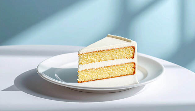 A delicious slice of vanilla cake with white frosting on a simple white plate, set against a light blue background with soft shadows.