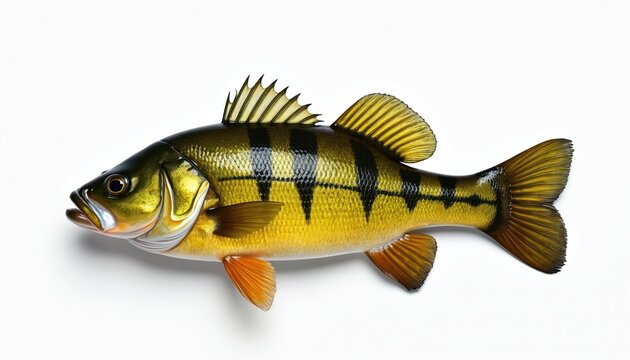 Bright yellow fish with dark vertical stripes isolated on white. Aquatic creature with fins and scales, realistic studio shot. Useful for fishing or nature themes.